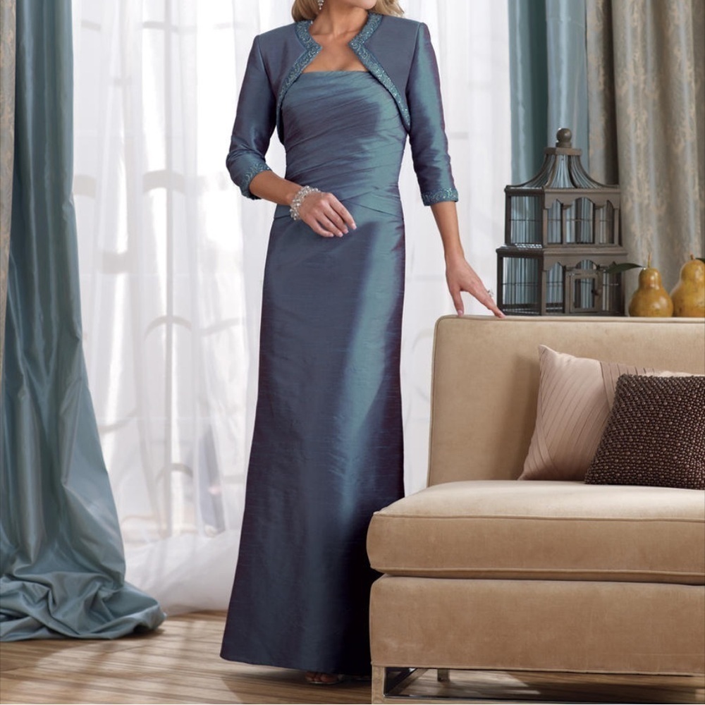 Montage by Mon Cheri Strapless Silk Ruched A Line Gown Long Dress